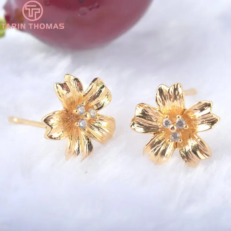 (2531)6PCS Flower 11x11MM 24K Gold Color Brass with Zircon Flower Stud Earrings Pins High Quality jewellery Accessories