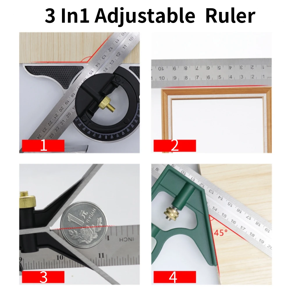 Adjustable Ruler 3 In1 Multi Combination 300mm Square Angle Ruler Measuring Set Universal Ruler Right Angle Protractor Tools Set