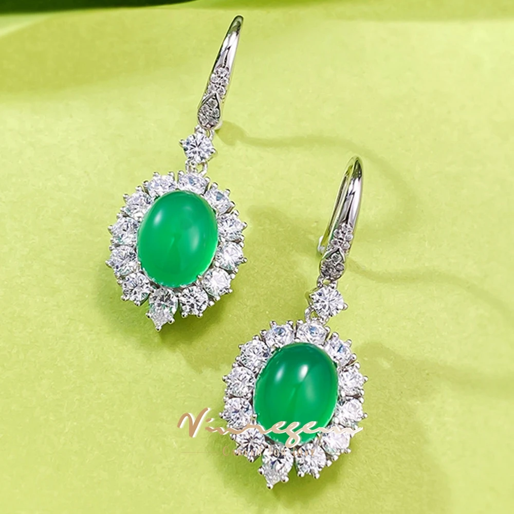 

Vinregem 8*10 MM Oval Green Jade High Carbon Diamond Gemstone Vintage Drop Earrings for Women 100% 925 Sterling Silver Jewelry