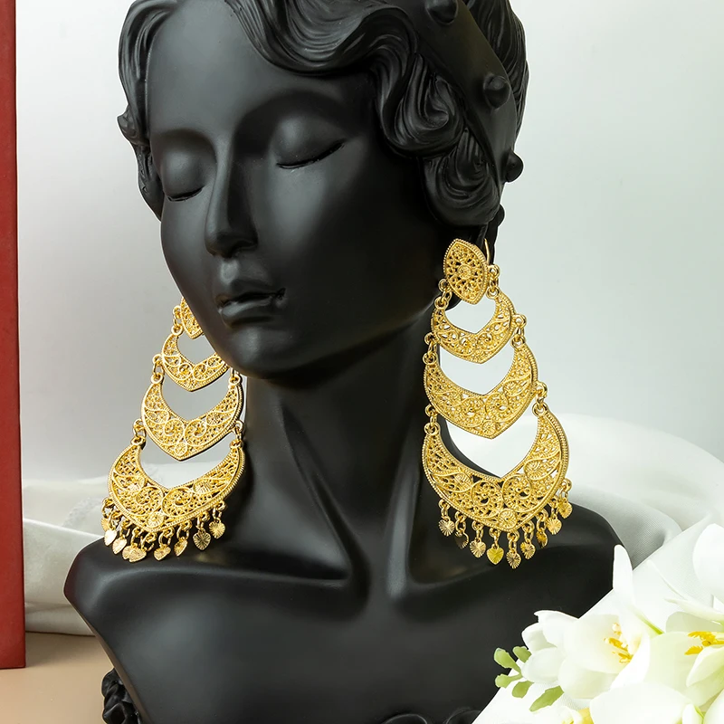 Fatima Gold Color Algeria  Wedding Gold Color Earring Fashion Jewelry Moon Alloy   For Women Long Drop Earring Bride Wedding