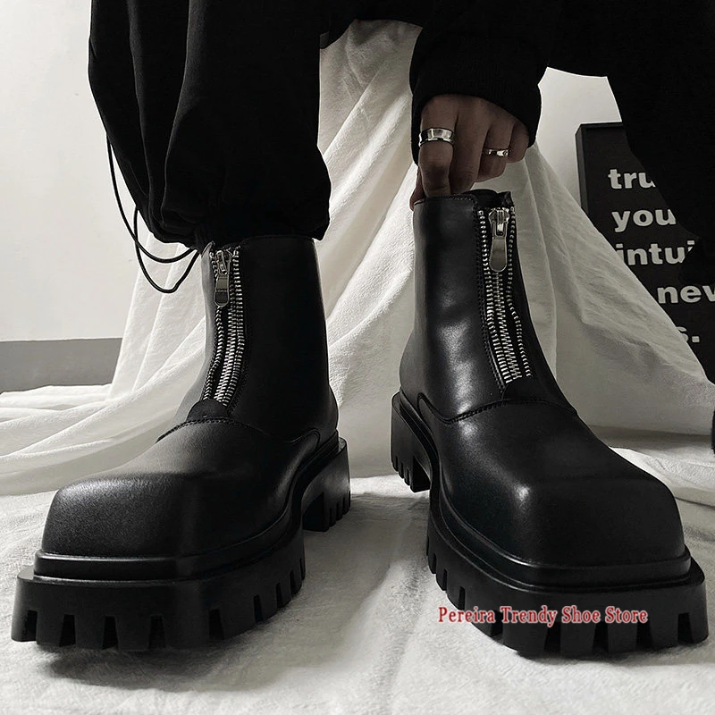 

Мужские короткие ботинки на массивной платформе в стиле ретро с квадратным носком, брендовый дизайн, мотоциклетные ботинки на молнии спереди, осенне-зимняя обувь с высоким берцем