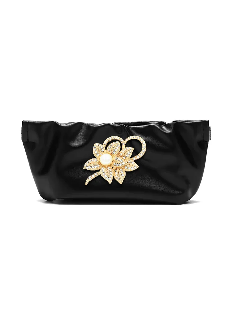 Black Synthetic Leather Eyewear Bag: Large Capacity Portable for Women Decorative Detail Decor, Pearl & Crystal