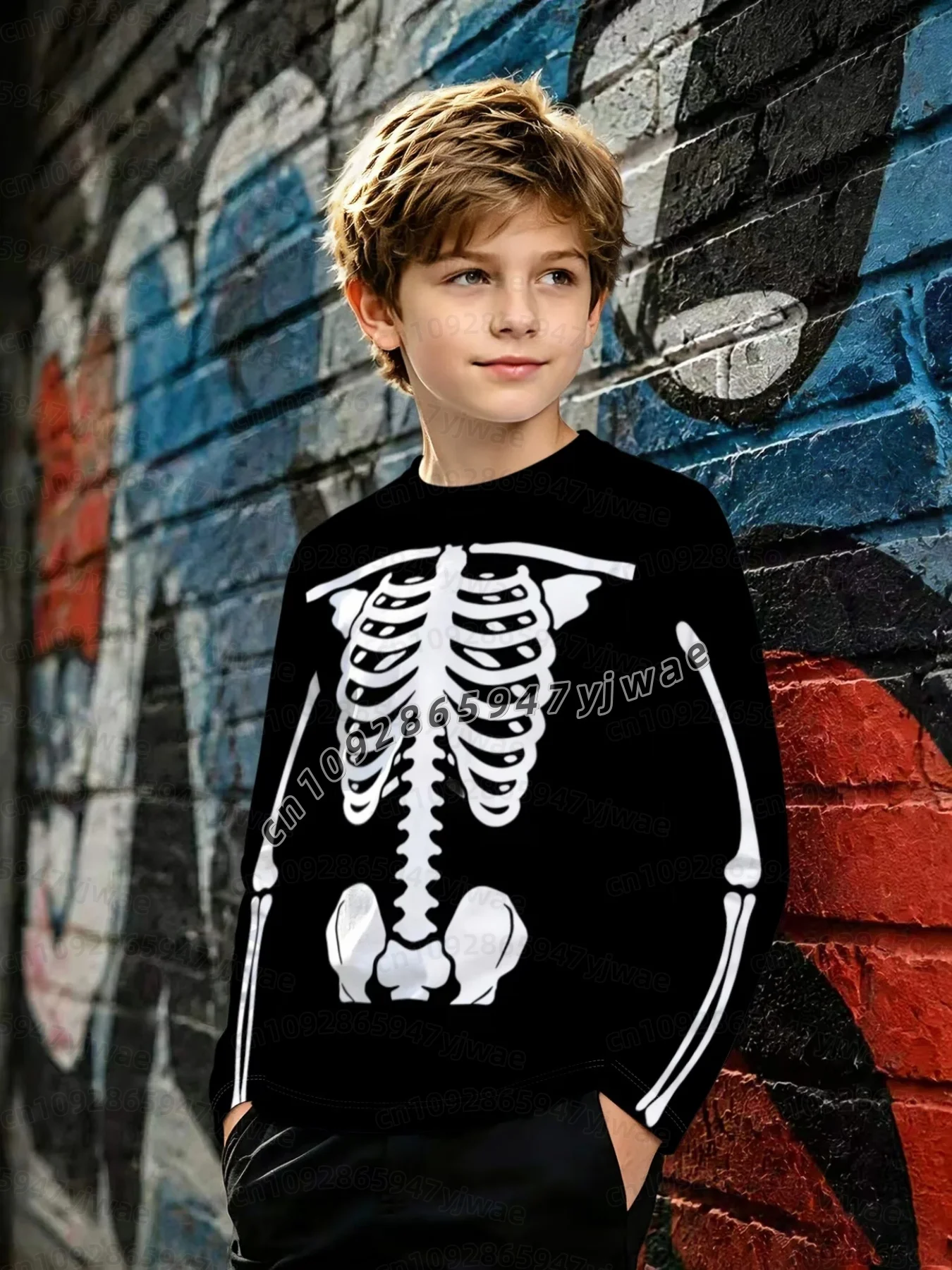 Halloween KIDS Herren Damen Gothic Skelett-Print Langarmshirt Rundhals-Oberteil Freizeit- & Themenbekleidung Halloween Kinder T-Shirt – Detail 8