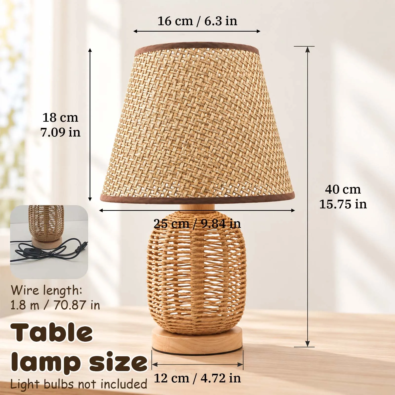Boho Brown Rattan Table Lamp, Conical Shade Openwork Egg Base for Bedroom