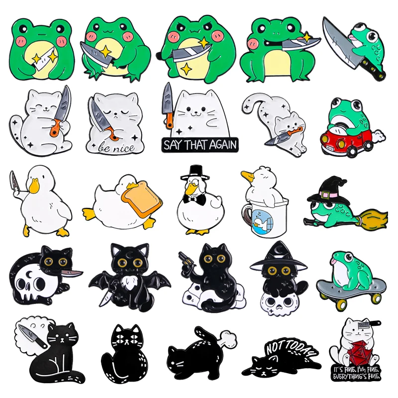 Creative Fun Frog Knife Enamel Pins Magic Skull Witch I\'M Fine Cat Duck Brooch Badge Trendy Cute Lapel Jewelry Gift For Friendsn