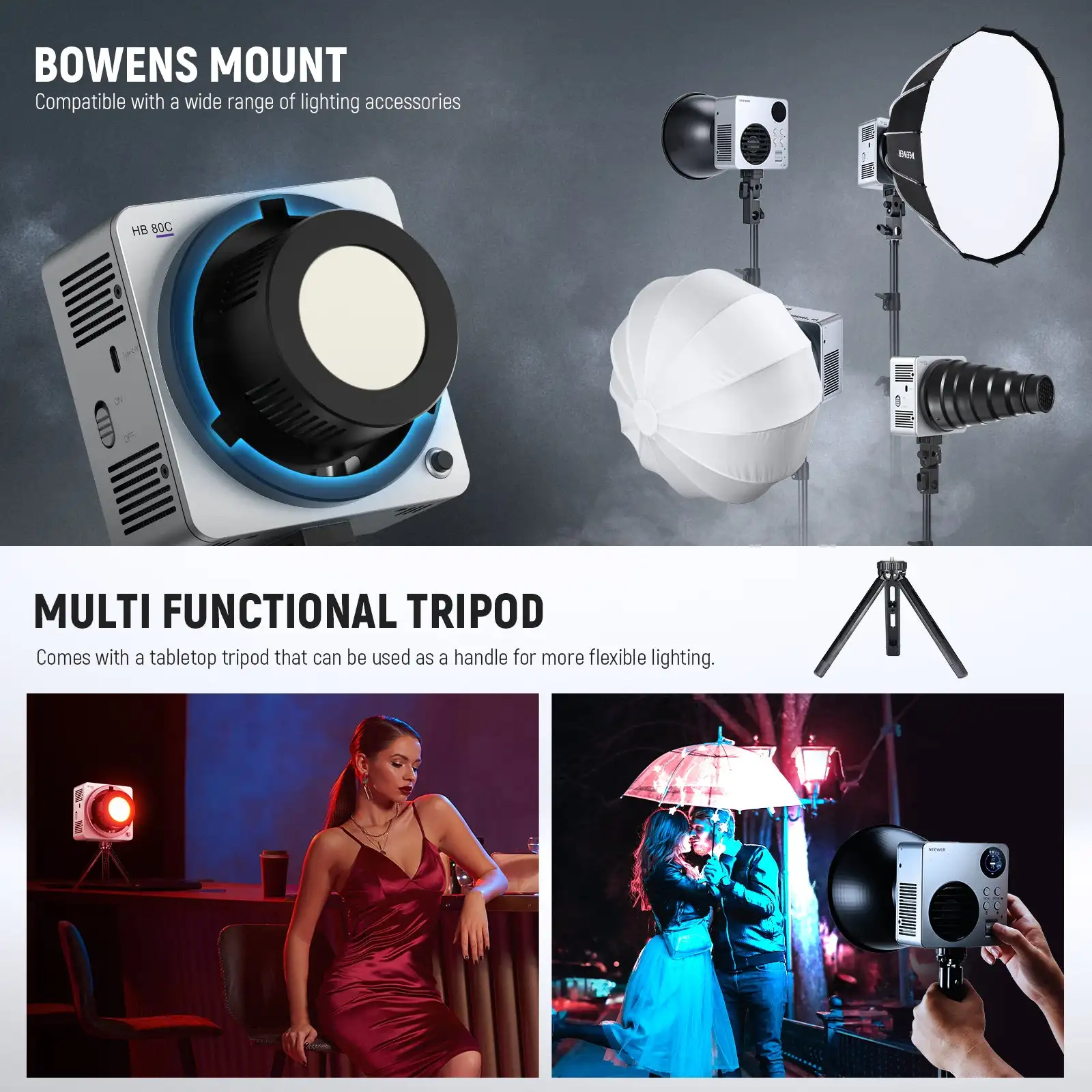 NEEWER HB80C 80W RGB Mini COB LED Video Light 2500K-7500K Bowens Mount Photography Light APP Control