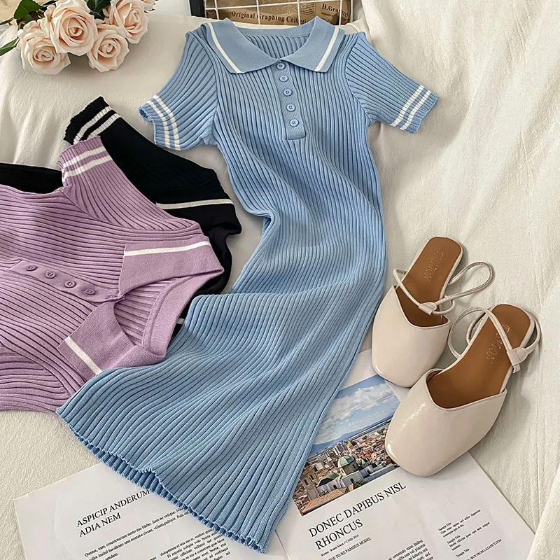 Lapel Knitted Dress Elastic Slim Soft Mini Dresses 2021 Solid Color Casual Simple Girl College Style Sweet Bottoming Base Dress