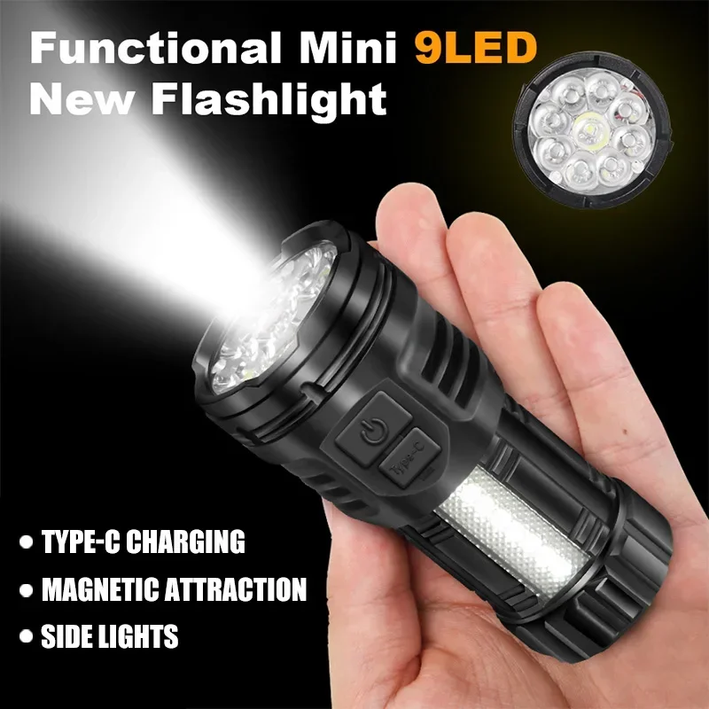 

Powerful 9LED Flashlight Super Bright Tactical Torch With COB Side Light Camping Lantern USB Rechargeable Outdoor Flashlight