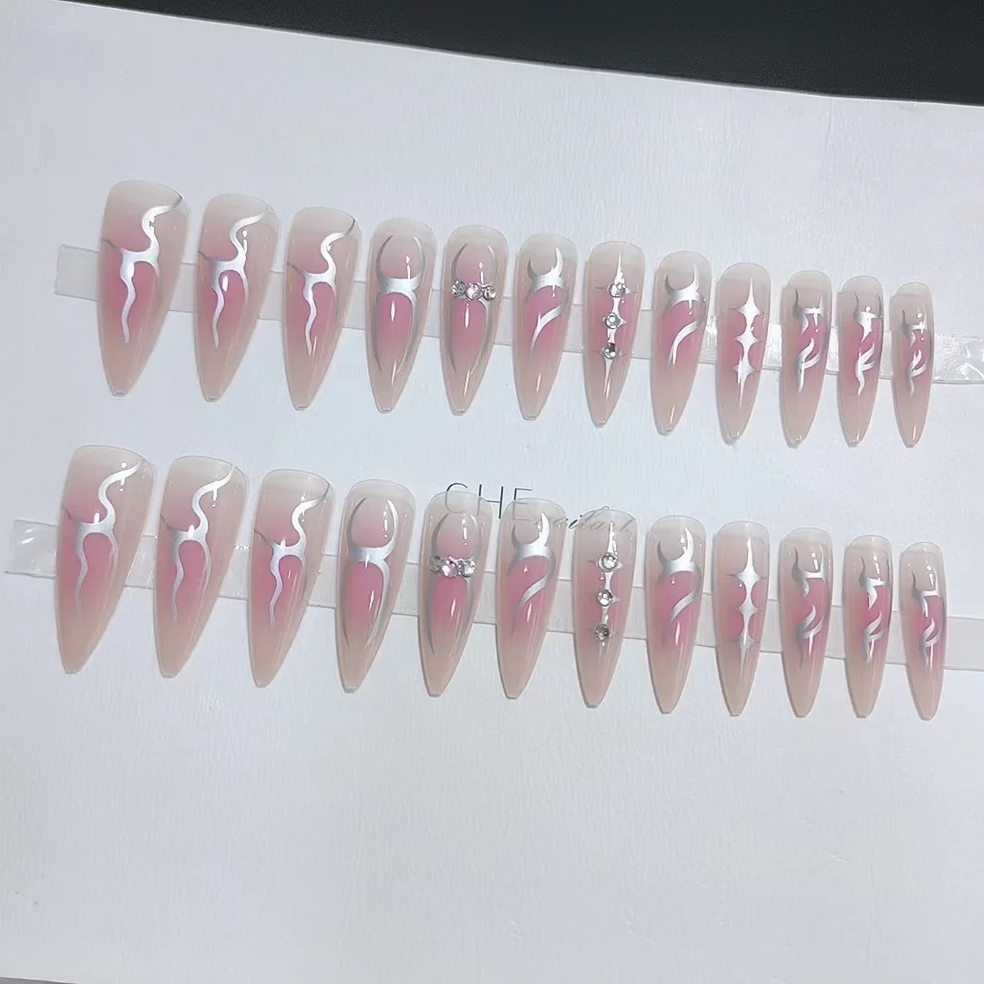24pcs Long Pointed Gradient Pink False Nails y2k Sliver Flame Printed Wearable Press On Nails Full Finished Acrylic Nail Tips