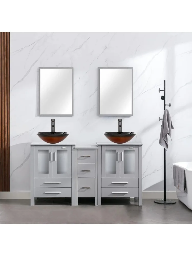 

60-дюймовая современная раковина для ванной комнаты, комбинированная серая с небольшим боковым шкафом, коричневая квадратная стеклянная раковина и водосберегающий смеситель и поп