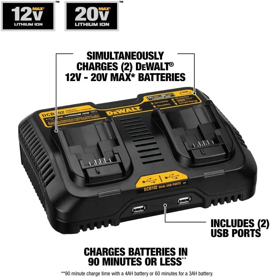 Carregador de bateria DEWALT 12/20V MAX, com fio, estação de carregamento dupla, 2 portas USB incluídas (DCB102)