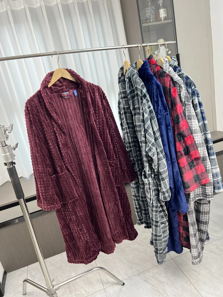

Thickened Fleece Double-sided Flannel Men's Long Sleepwear Robe Winter Warm Home Clothes Youth Pure Color Male Bathrobe