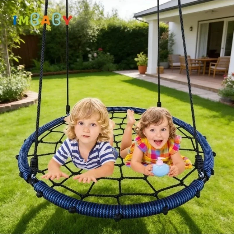 IMBABY Kids Round Net Nest Swing | 100cm Outdoor Hanging Chair | Heavy-Duty Tree Swing for Backyard, Garden, Playground