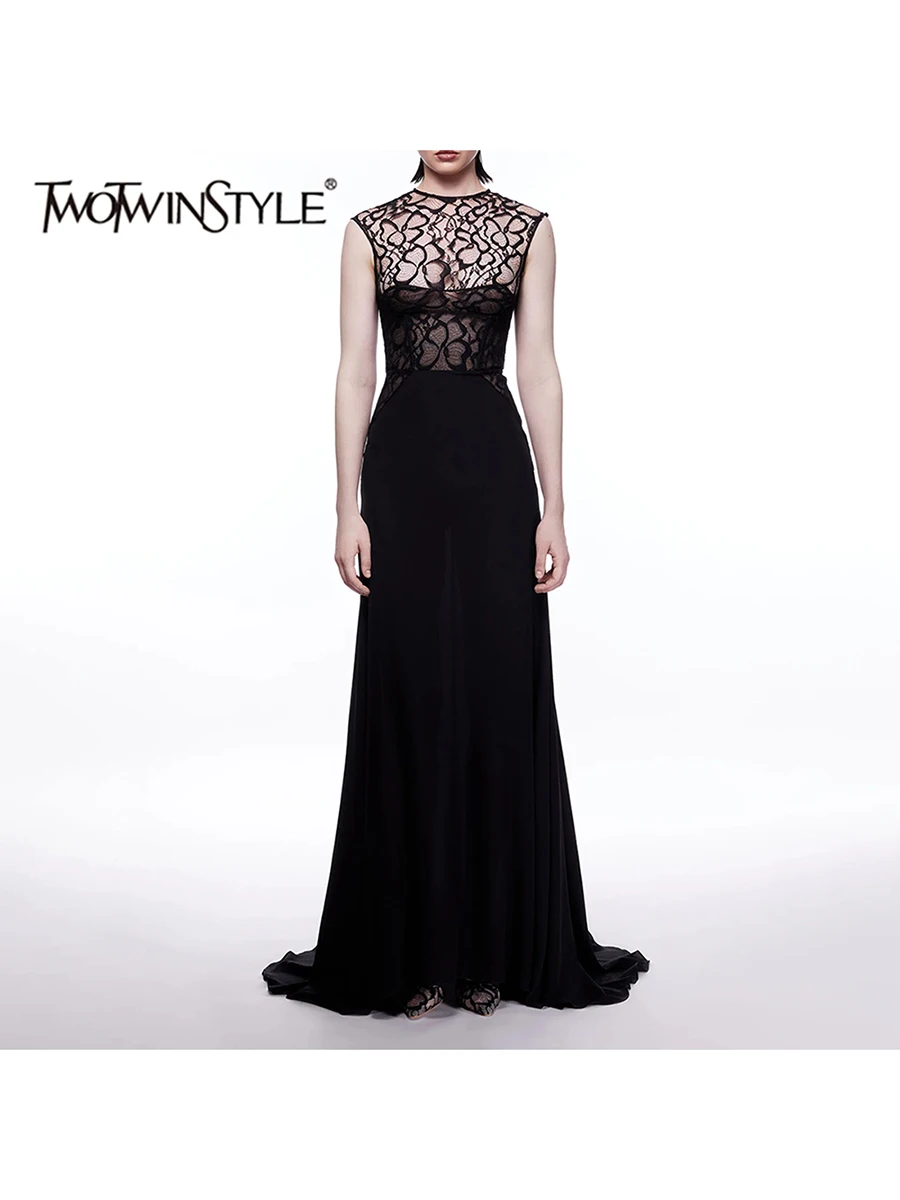 TWOTWINSTYLE Sexy Slimming Sheer Spliced Lace Dresses for Women Round Neck Sleevelesshollow Out High Waist Long Dress Female New
