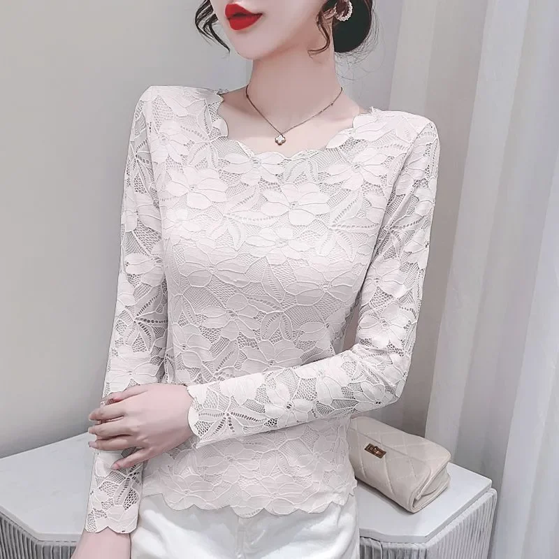

Элегантная женская блузка с цветочным кружевом и длинным рукавом с круглым вырезом, облегающая весенне-осенняя одежда