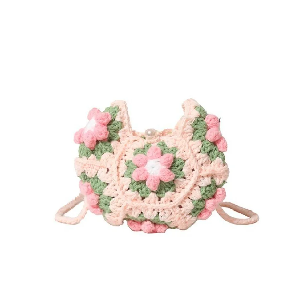 

Sweet Handmade Crochet Crossbody Bag Flower Pattern Knitted Small Change Purse Fabric Yarn Armpit Bag