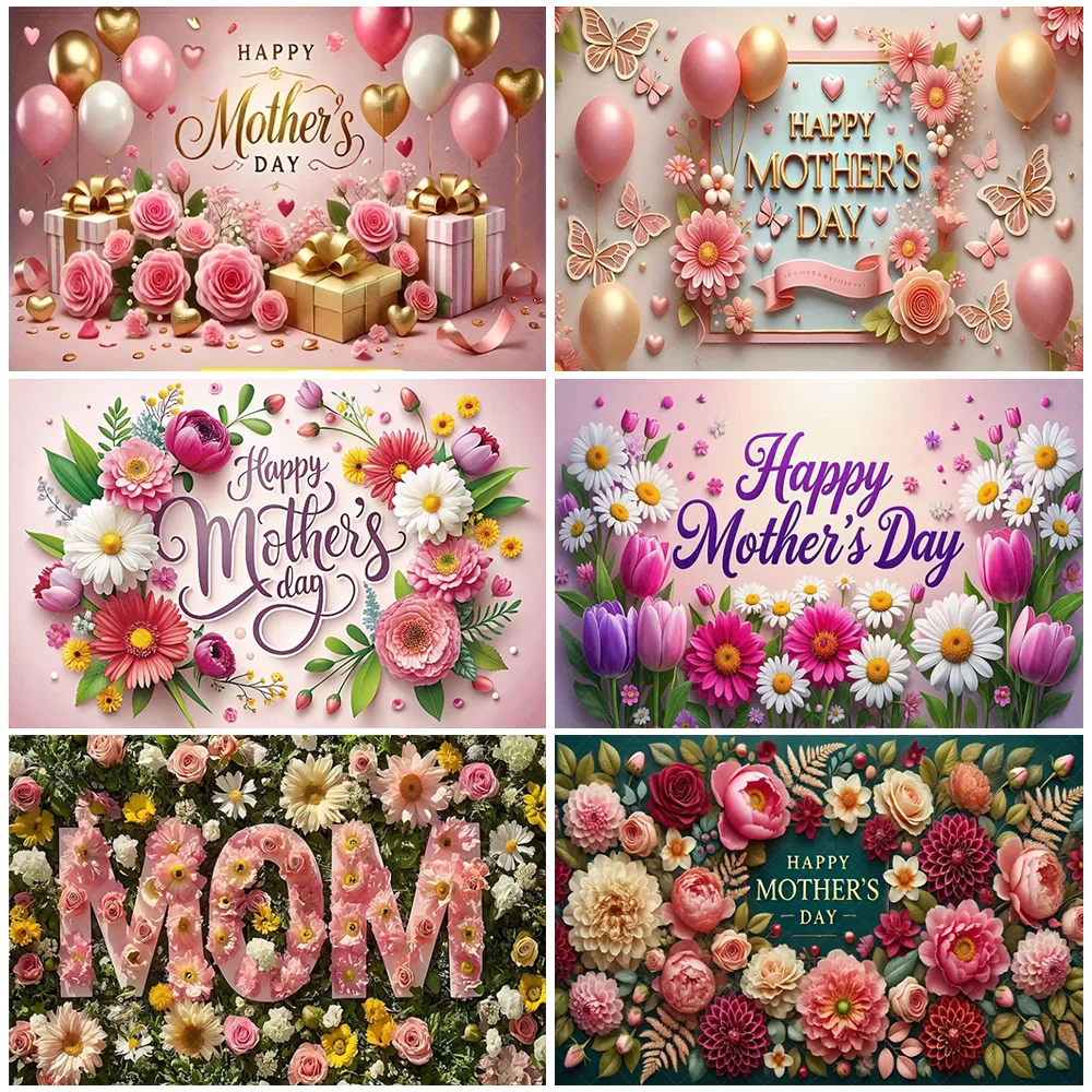 

Happy Mother's Day Backdrop Flowers Love Heart Best Mom Photography Background Mother's Day Party Decorations Photo Banner Prop