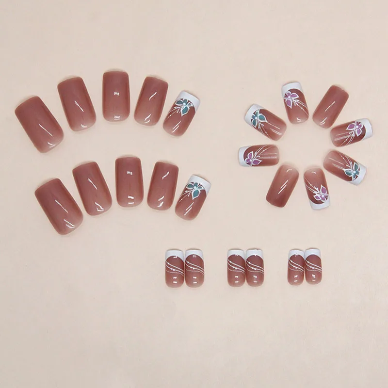 

24pcs White Border Press-On Nails - Magenta & Teal Butterfly Dream Lines Medium Square False Nails For Women