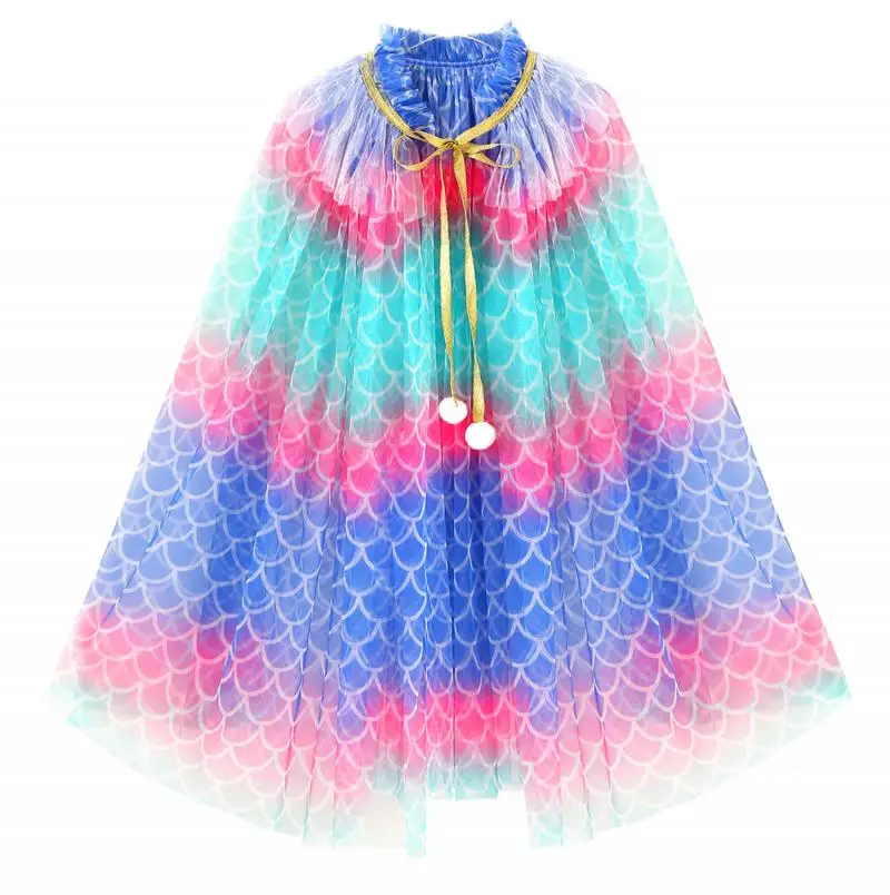 Girl\'s New Sequin Star Rainbow Color Blocked Halloween Christmas Fashion Princess Shawl with Long Mesh Cape On Top