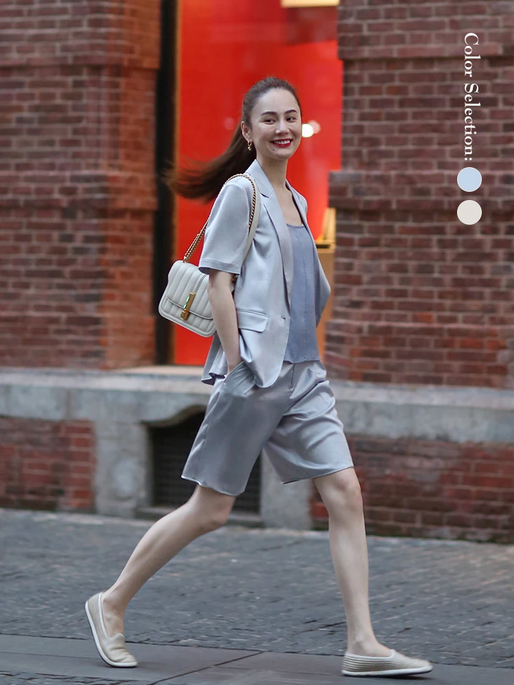 

WinnieTang Lady's Gentleman Suit Set Tee Acetate Suit Pants Casual Ele Commute Sle Summer Collection