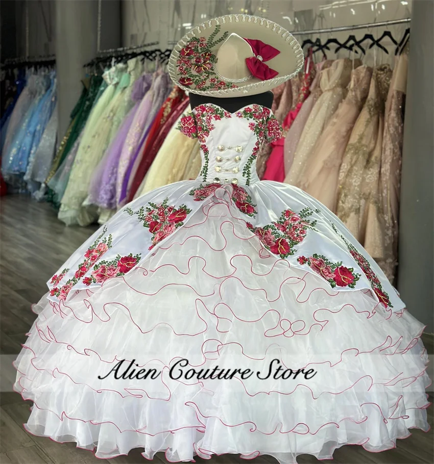 Mexican White Ball Gown Quinceanera Dress Satin Embroidery Ruffles Tiered With Bow Sweet 16 Dress Vestido De 15 Anos Customized 