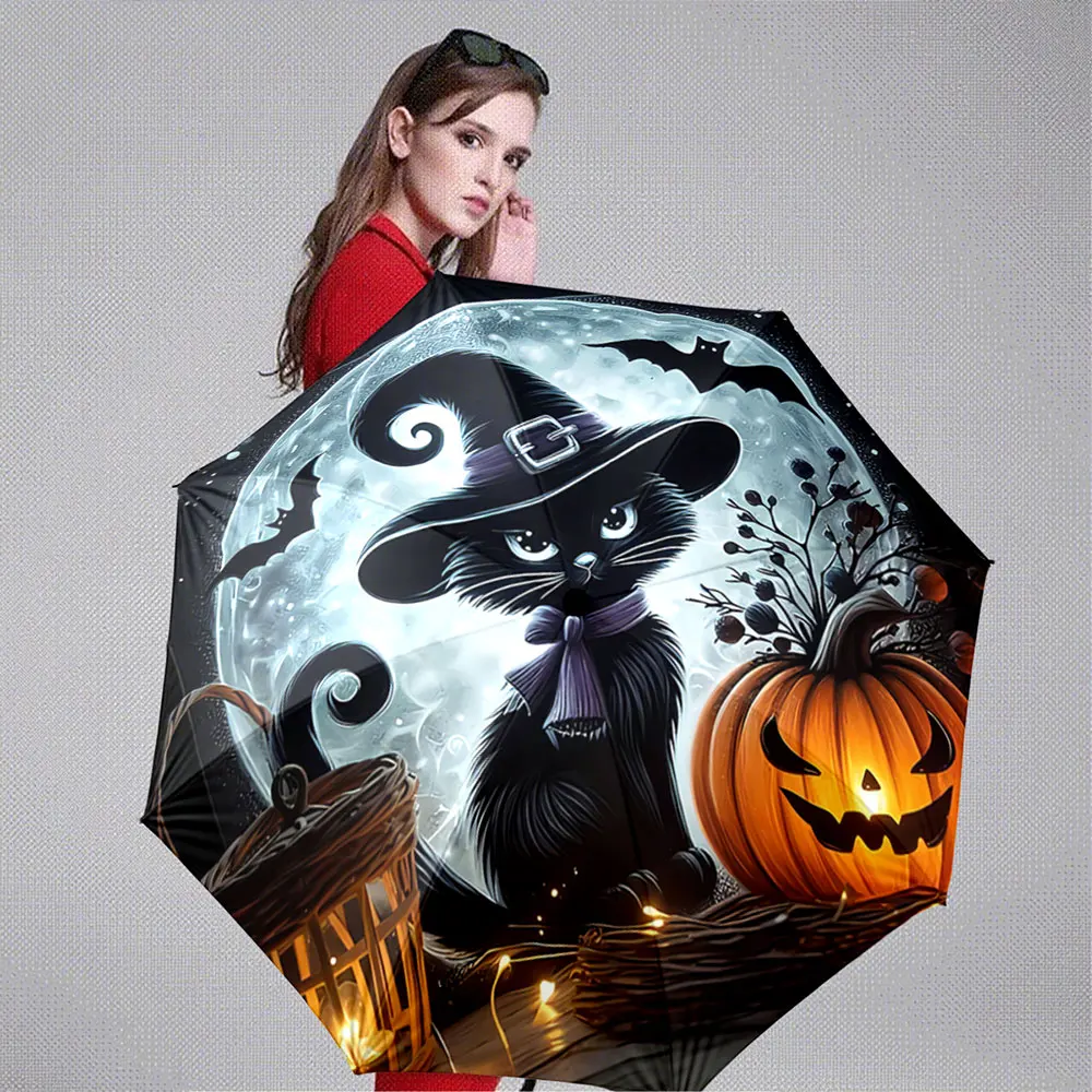 Halloween Black Cat Witch Hat Full Moon Pumpkin Lantern portable waterproof sun rain umbrella for outdoor travel beach