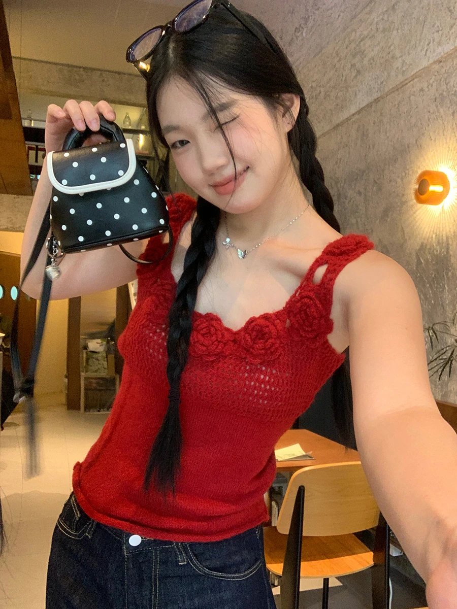 

Red Bal Knitted Vest Women's Summer Outerwear Strapl Svel Design Sensation Casual Straight Cut Single Piece