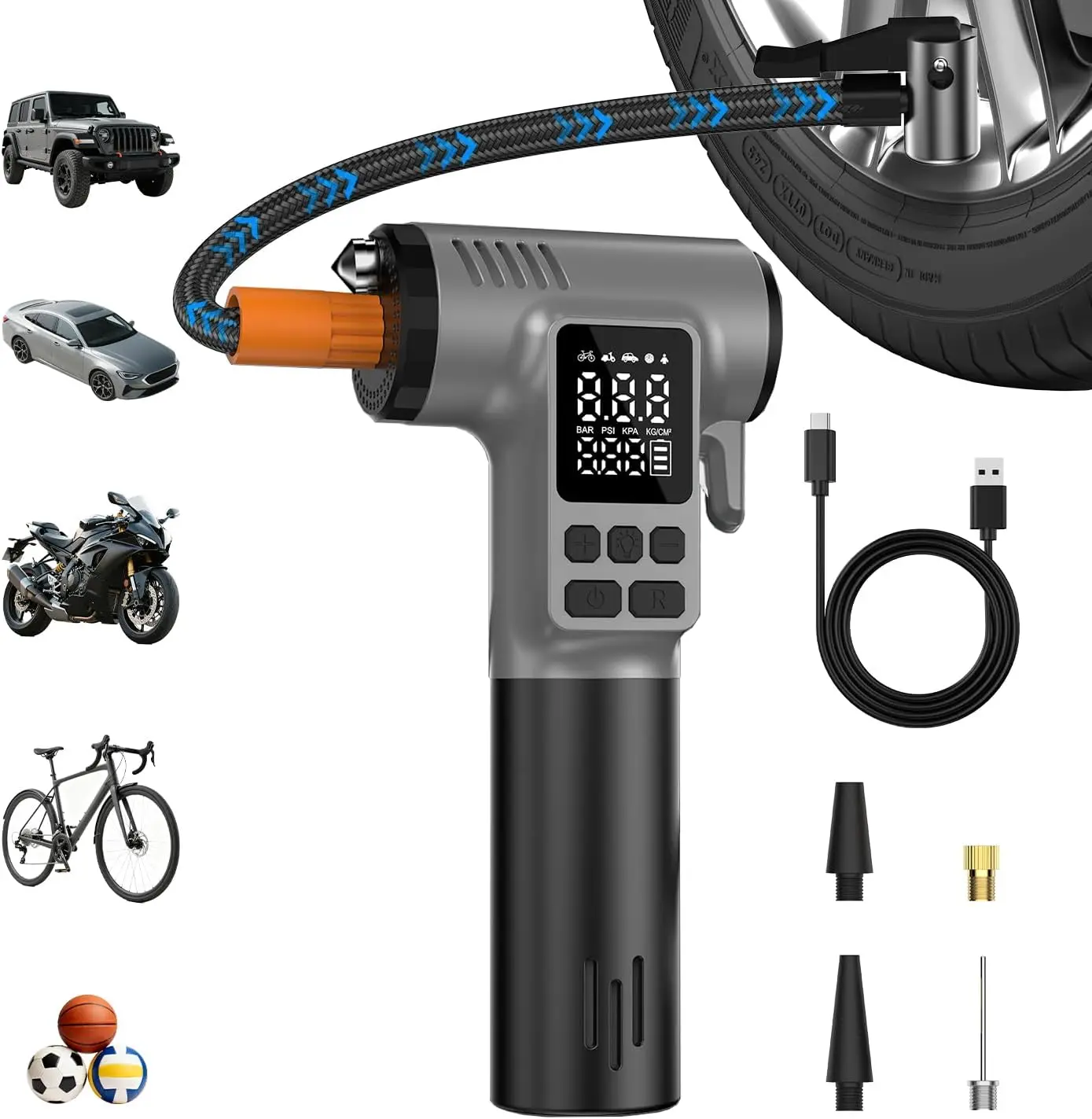 

Portable Tire Inflator 150PSI with LED Light, Safety Hammer & Seatbelt Cutter – Air Pump for Car, Motorcycle, Bicycle, Ball