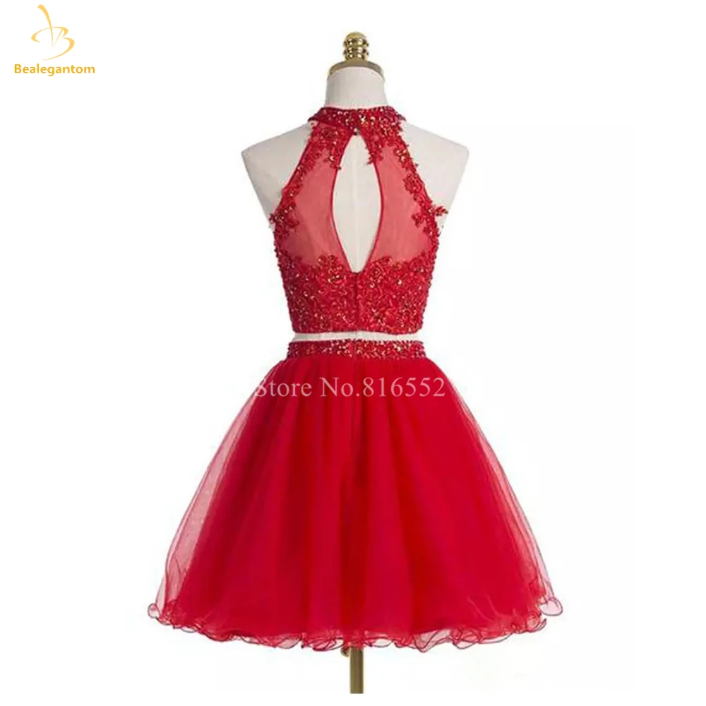 Bealegantom Sexy Two Pieces Red Short Homecoming Dresses Beaded Crystal Prom Party Cocktail Gown Vestidos De Graudation