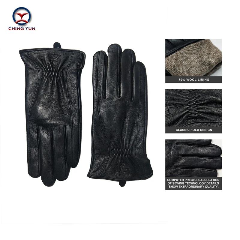 2024 New Winter man deer skin leather gloves male warm soft men\'s glove black three lines design men mittens sheep hair lining