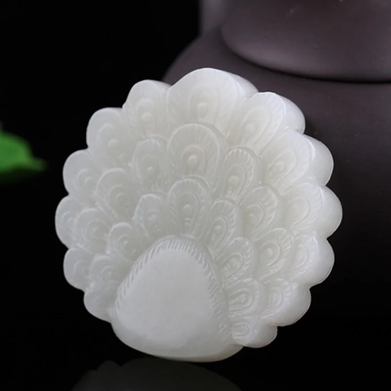 Hetian White Jade Peacock Open Screen Men's Pendant Women's Sweater Chain Ornament