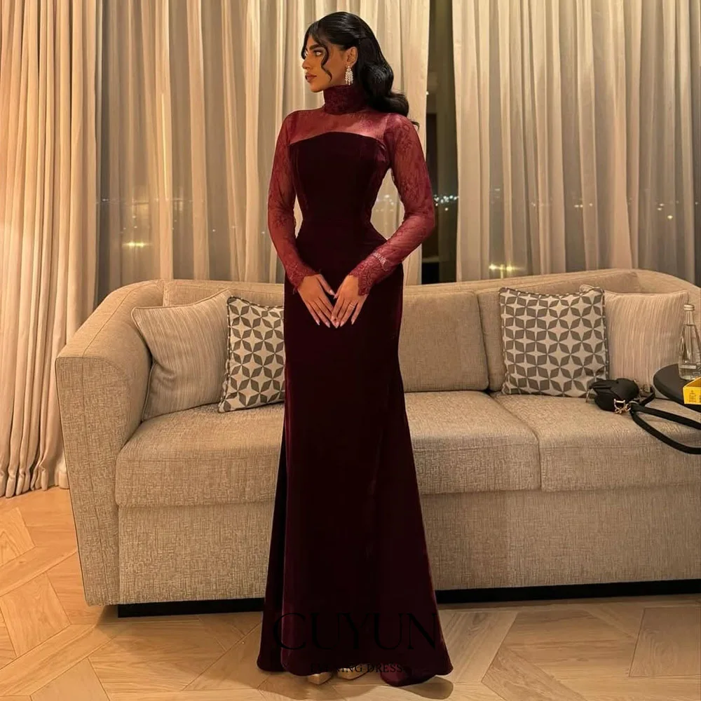 

CUYUN Customized Burgundy Elegant Prom Gown Saudi Women Lace High-Neck Long Sleeves Party Evening Dress Formal Occasion Dresses