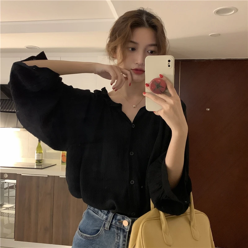 

Универсальная женская блузка в корейском стиле с V-образным вырезом, из цветного дерева, простая, в стиле ретро, свободного кроя, с длинным рукавом, для стройности, модная