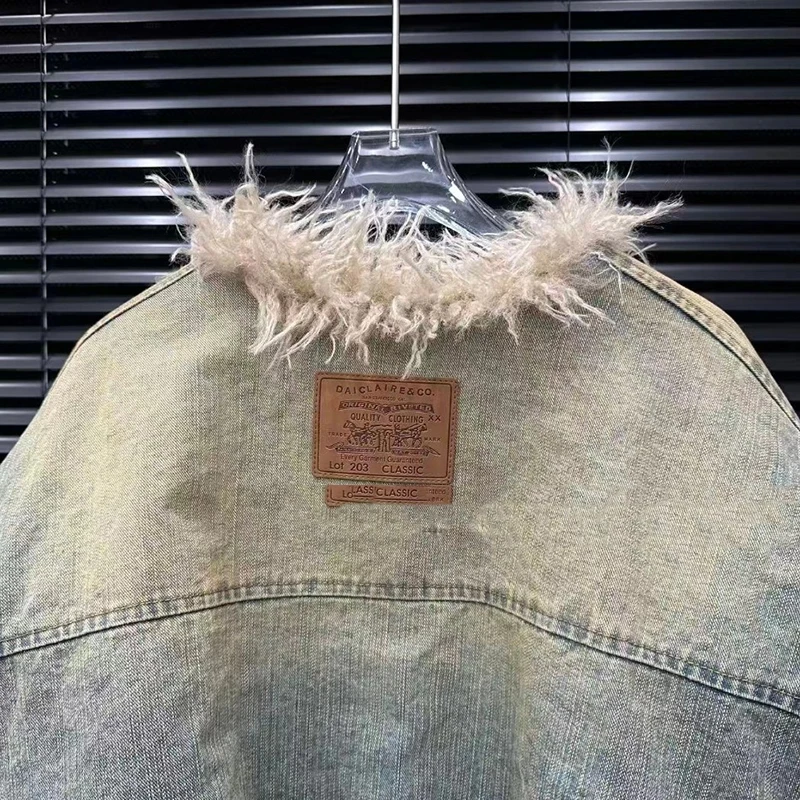 KBQ Vintage gradiënt katoenen jas voor dames bontkraag lange mouw cowboy losse vrijetijdskleding warme jassen dames winter nieuw