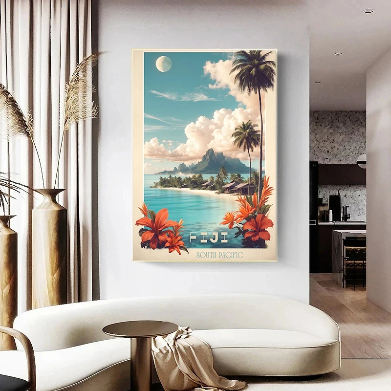 Vintage Travel French Cannes Fiji Beach Palm Landscape Posters and Prints Canvas Printing Wall Art Picture for Living Room Decor