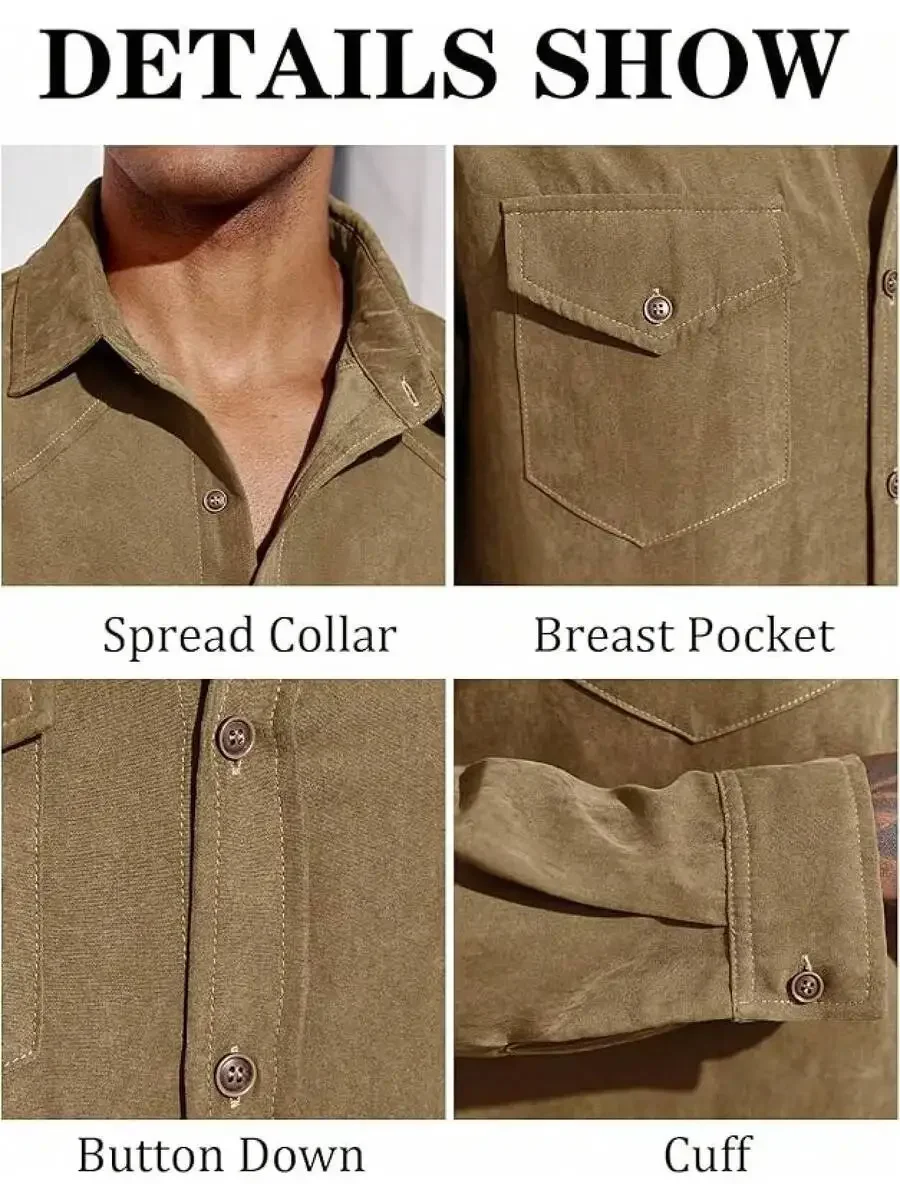 

Mens Long Sleeve Suede Button Down Shirt Western Style Casual Work Shirt
