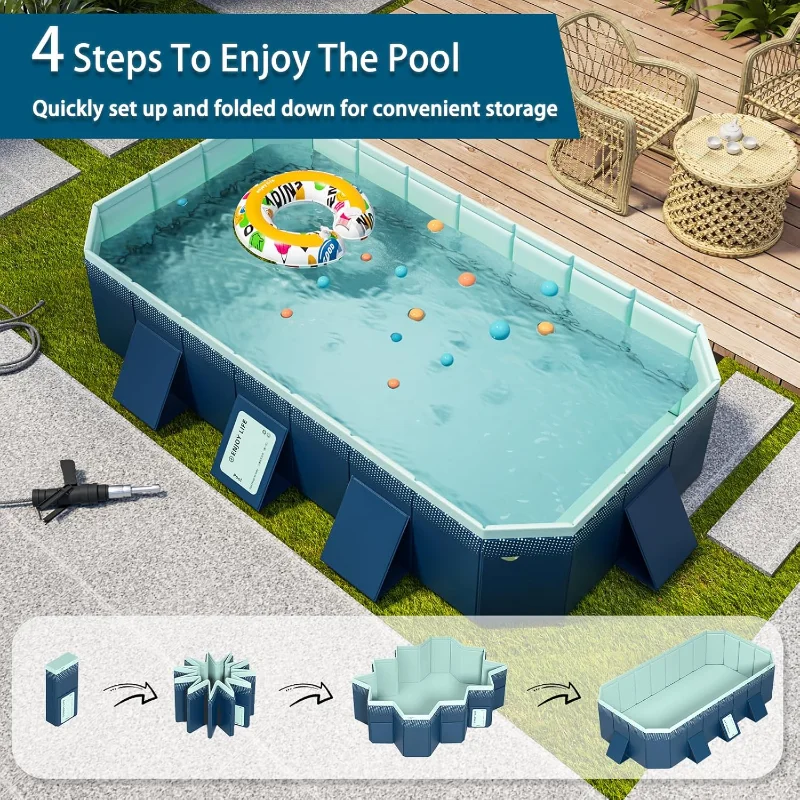 Foldable Large Rectangular Family Swimming Pool, Non-Inflatable, Easy Set-up, Suitable for Adults, Kids and Pet Do