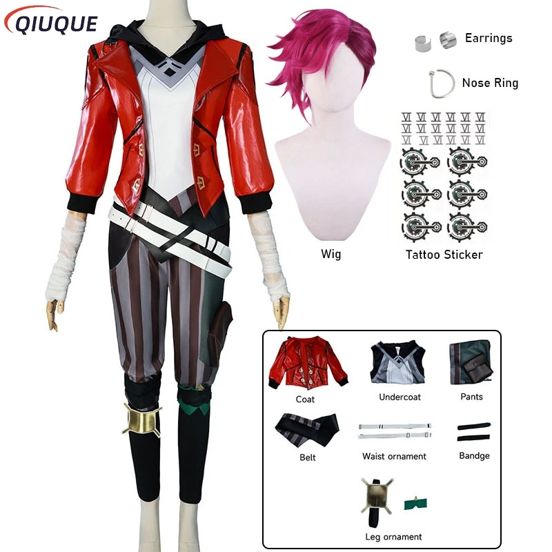 Vi Acrane Cosplay Game LOL Costume Red Short Leather Coat Set Anime Arcane Vi Cosplay Wig Shoes Outfits Halloween Carnival Suit