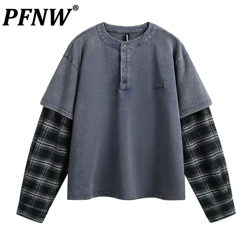 PFNW Niche American Vintage Distressed Washed Design Round Collar Fake Two Pieces Men's Sweatshirts 2025 Spring New Top CPG2708