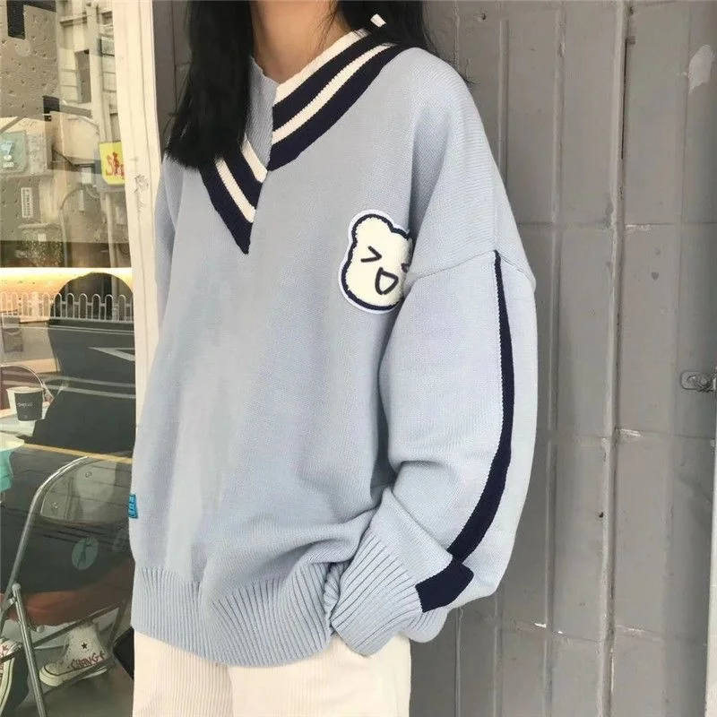 Preppy Kawaii Bear Blue Sweater Women Korean Fashion Cute Jumper Female Oversize Winter Patchwork Pullover Knitwear