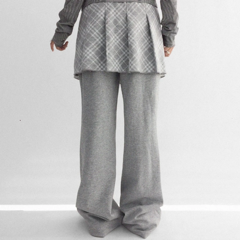 Autumn Winter New Knitted Stretch Fake Two-Piece Pleated Plaid Women's Skirt Pants Loose Elastic Waist Versatile Trousers Ladies