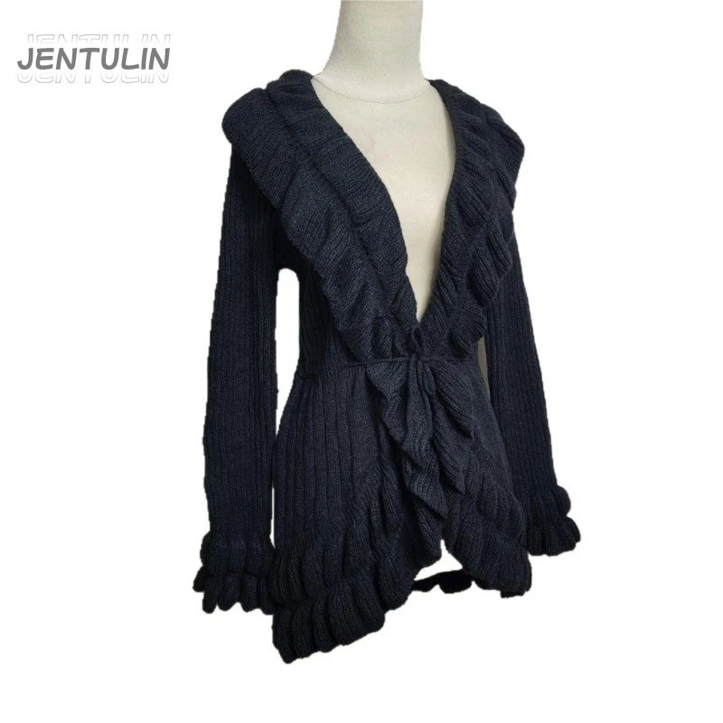 

Вязаный кардиган Y2K для женщин, однотонный, универсальный, в готическом стиле, уличная мода, с V-образным вырезом, с рюшами, модный, эстетичный, повседневный, с длинными рукавами, на завязках