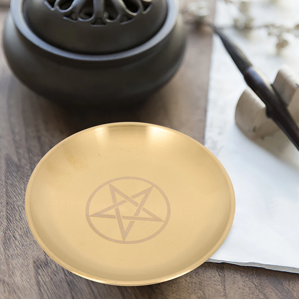 

2pcs Pentacle Gold Plate Holder Round Metal Religious Offerings Decor Altar Tray Home Accessory Storage Tray Brass