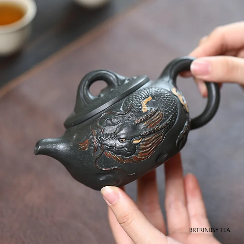 

270ml Tradition Yixing Purple Clay Teapot Handmade Dragon Pattern Beauty Tea Pot Raw Ore Green Mud Kettle Chinese Zisha Teaware