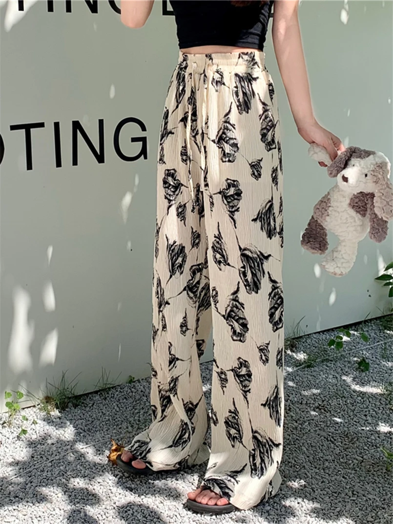 Casual Chiffon Wide Leg Pants Women Spring Summer Loose Pleated Pants  Elastic High Waist Loose Print Straight Trouser M-6XL 7XL