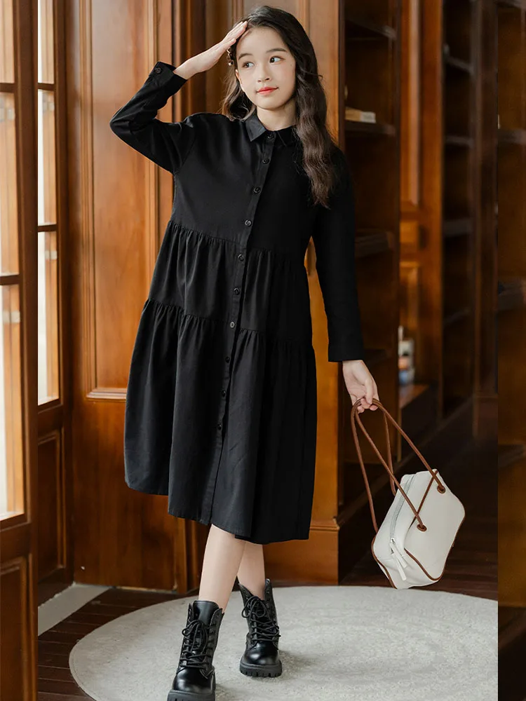 Long Sleeve Dresses For Girl Fall Spring School Big Girls Dresses College Tween Clothing Purple Black Blue Shirts Dress Button