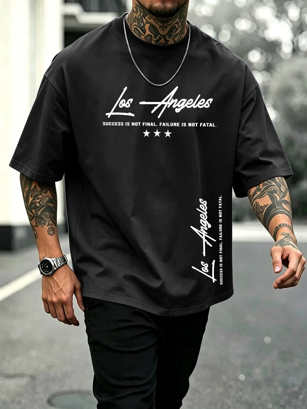 American men's summer retro Los Angeles letter star print micro elastic breathable round neck T-shirt outdoor street top