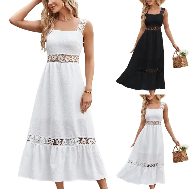 

Summer Fashion Europe and America Style Hollow Out Casual Solid Color Sleeveless Sling Simplicity Loose High Waist A-line Dress