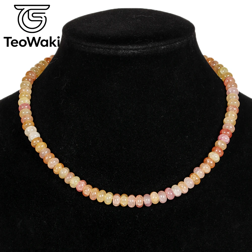 TeoWaki Natural Stone Dainty Orange Crackle Crystal Flat Beads Necklace Steering Wheel Soft Tone Collarbone Accessory Gift 40cm