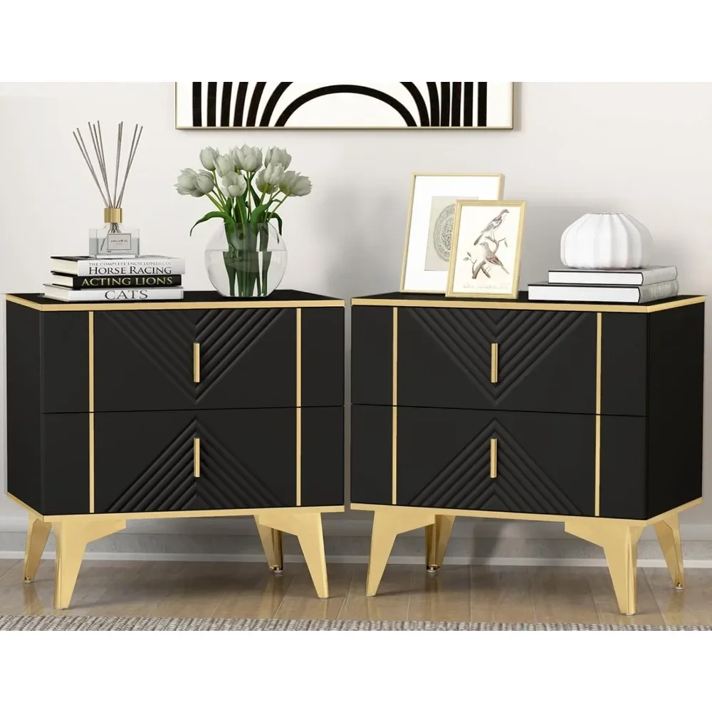 Set of 2 with 2 Drawers, Wooden Side Table with Triangular Embossed Metal Handle Legs 23.62